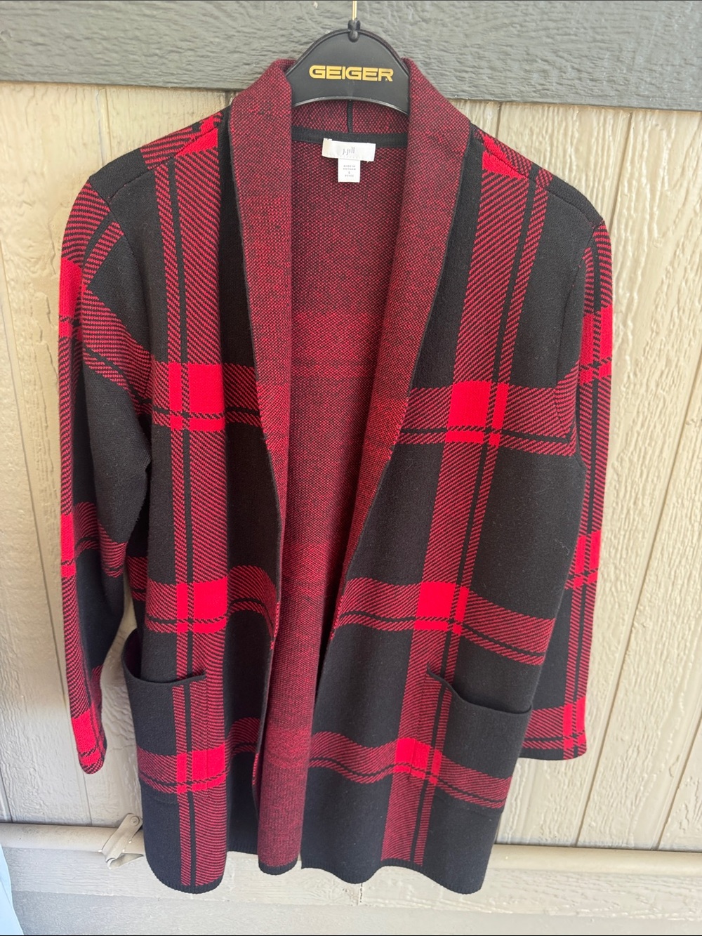J Jill Red & Black Plaid Open Cardigan Jacket